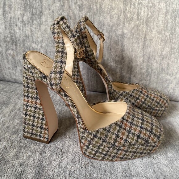NWT Jessica Simpson Tweed Block Heel Pumps 8.5 Ankle Strap Heels • Square toe - Picture 2 of 10